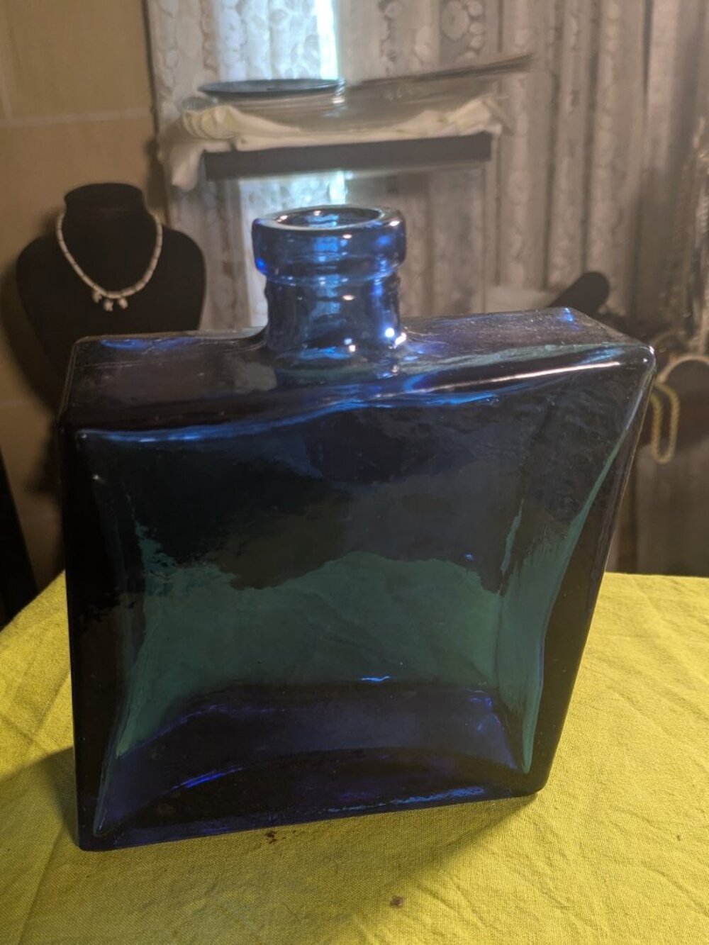 Square Cobalt Blue Glass Bottle – 7” x 5” – Vintage Decor